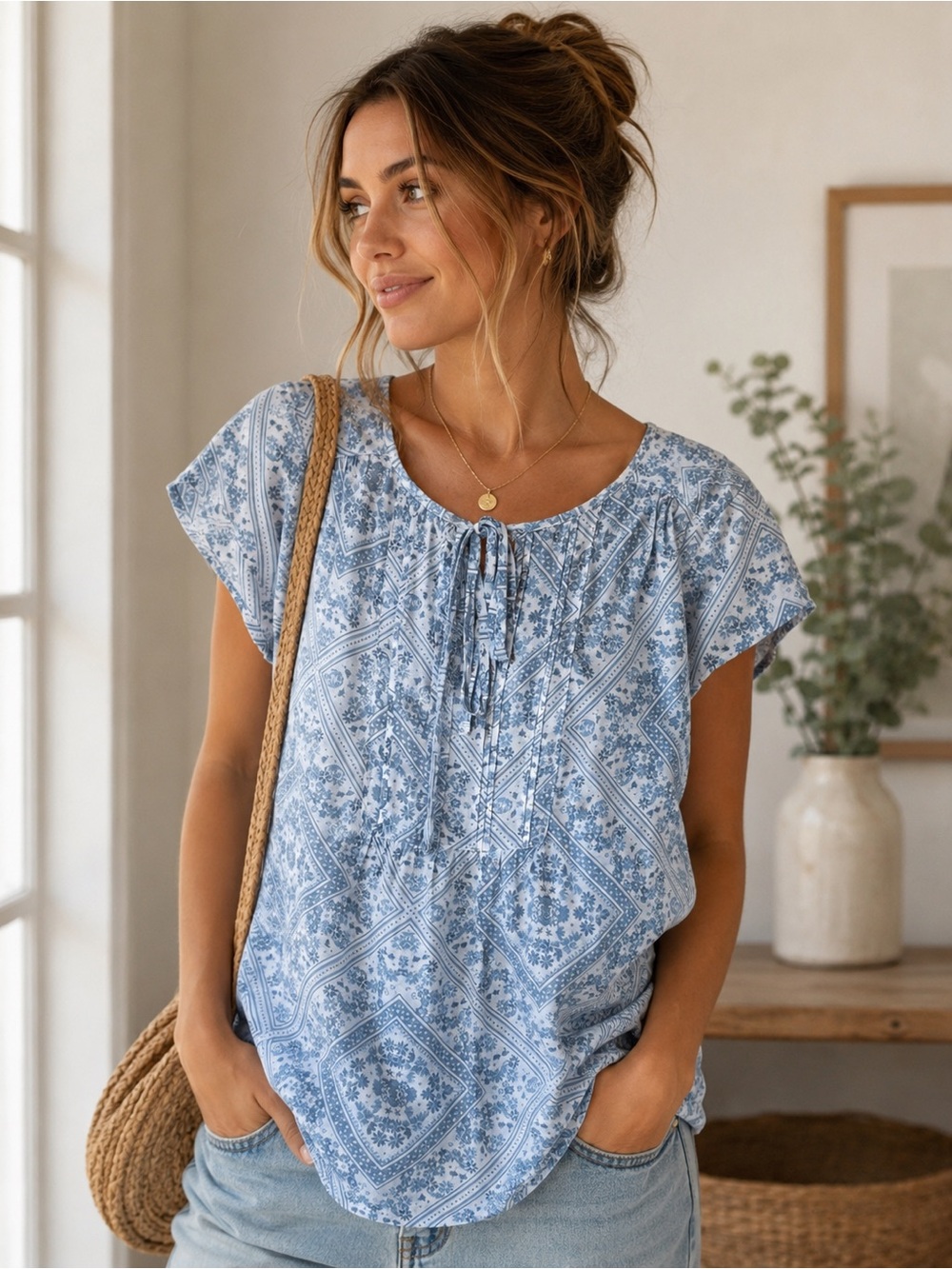 Como Vintage Women's Blue Printed Tie-Neck Peasant Top